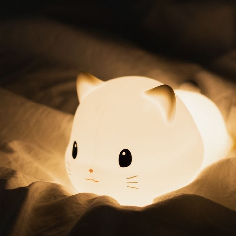 Veilleuse Bébé Chat Apaisante pour Allaitement et Sommeil 1 Veilleuse bébé chat sur un lit