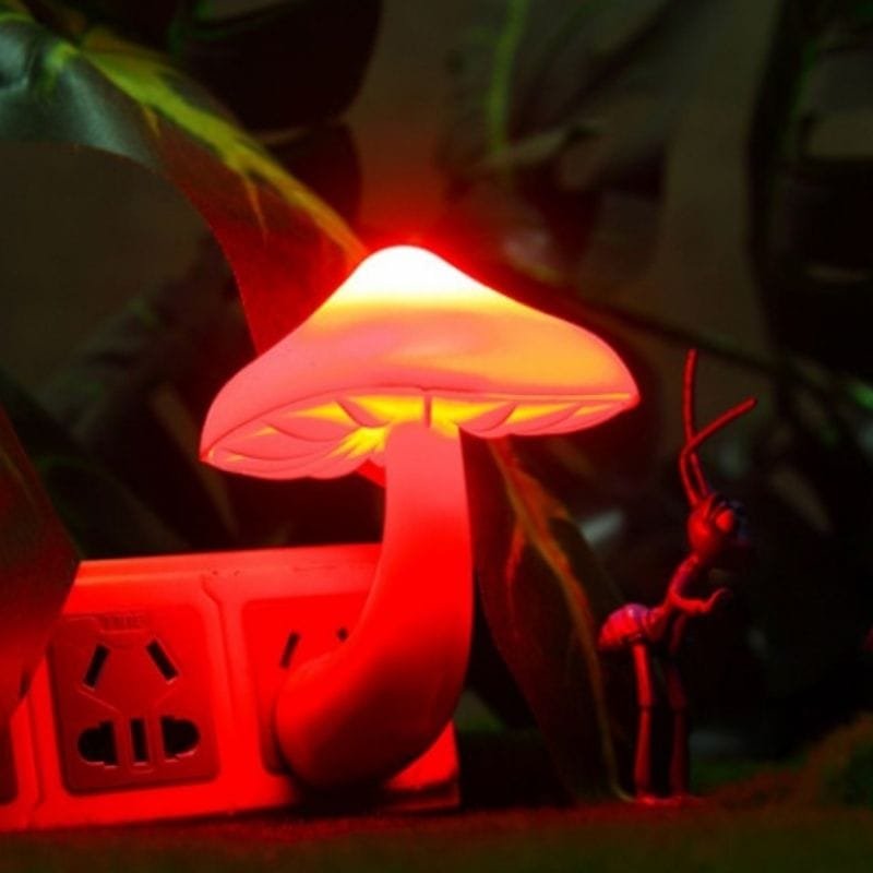 Petite Veilleuse Champignon pour éclairer les Nuits de votre Enfant 1 petite veilleuse champignon allumée en rouge